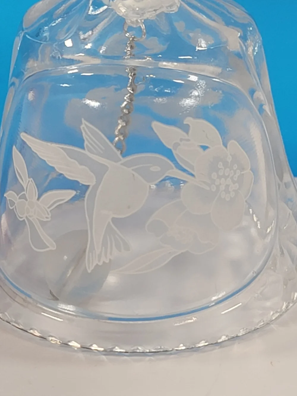 Vintage Etched And Sculpted Clear Glass Hummingbird  Bell Scalloped Edge